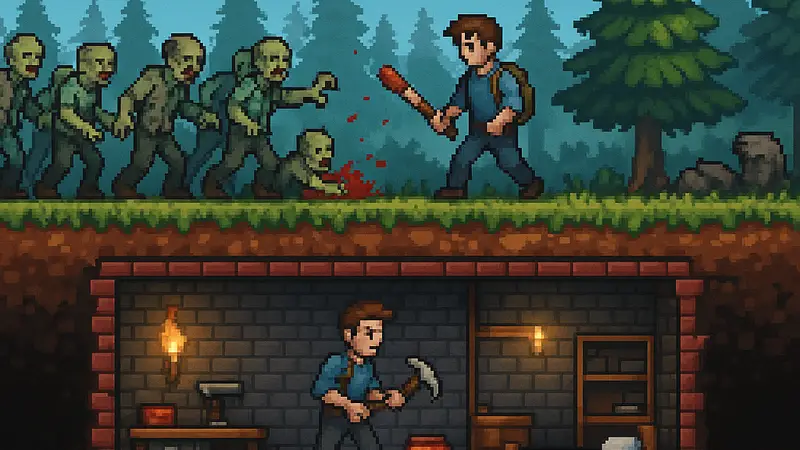 Скриншот из новой выживалки на Steam, совмещающей зомби Project Zomboid и пиксельную графику Terraria.