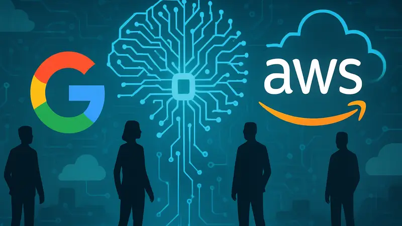 Логотипы Google и AWS, соединённые элементами искусственного интеллекта и облачных вычислений, символизирующие интеграцию технологий.