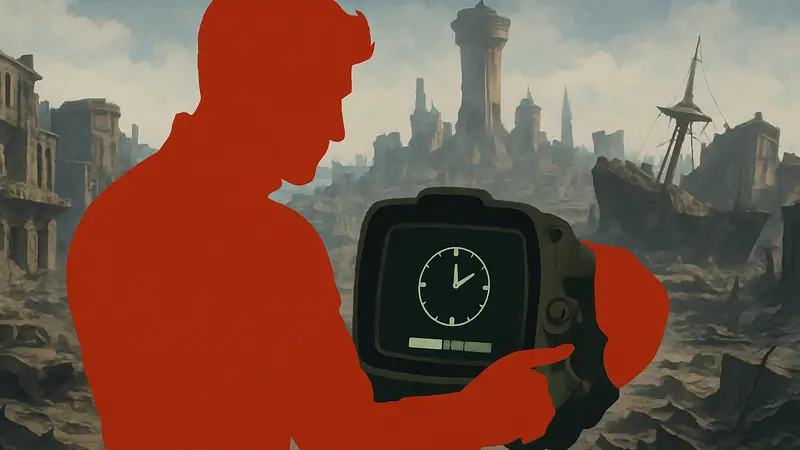 Игрок Fallout 4 смотрит на Пип-Бой, открыв меню ожидания, на фоне разрушенного Бостона.