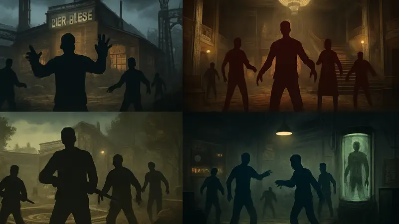 Коллекция обложек карт режима Зомби из Call of Duty: Black Ops 1 и 2, включая Der Riese и Kino der Toten