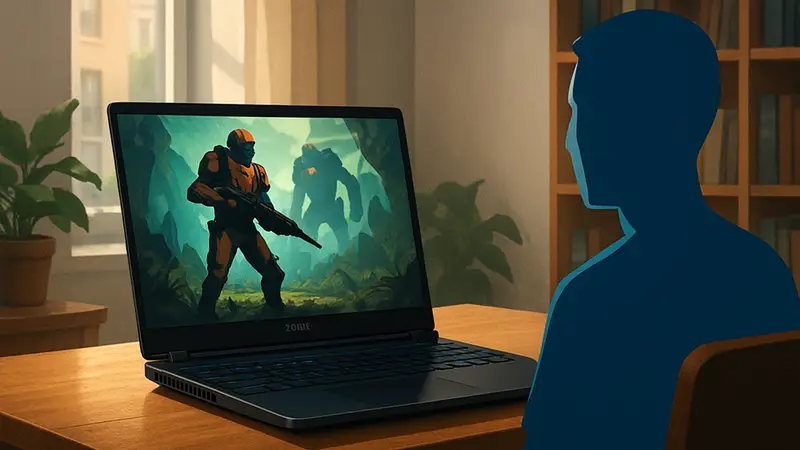 Игровой ноутбук Acer Nitro V 16 AI на столе, демонстрирующий экран с игрой.