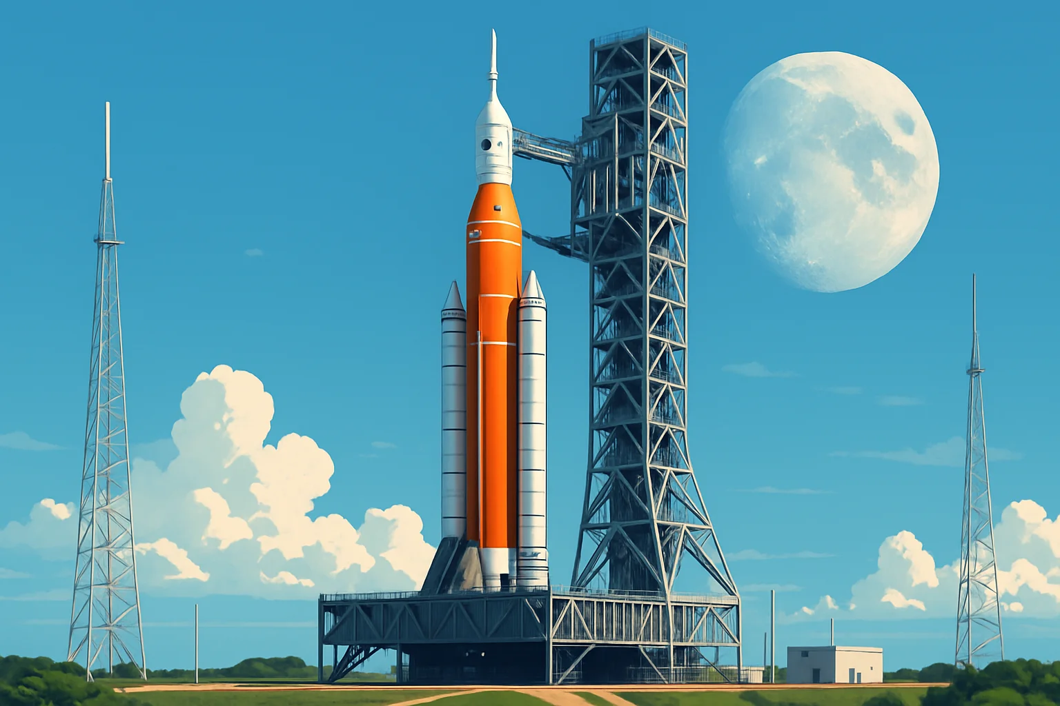 Ракета SLS и космический корабль Orion на стартовой площадке 39B во Флориде перед миссией NASA Artemis II к Луне.