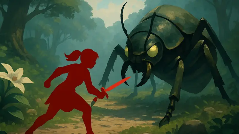 Скриншот Journey of the Garden Rose: героиня сражается с гигантским насекомым