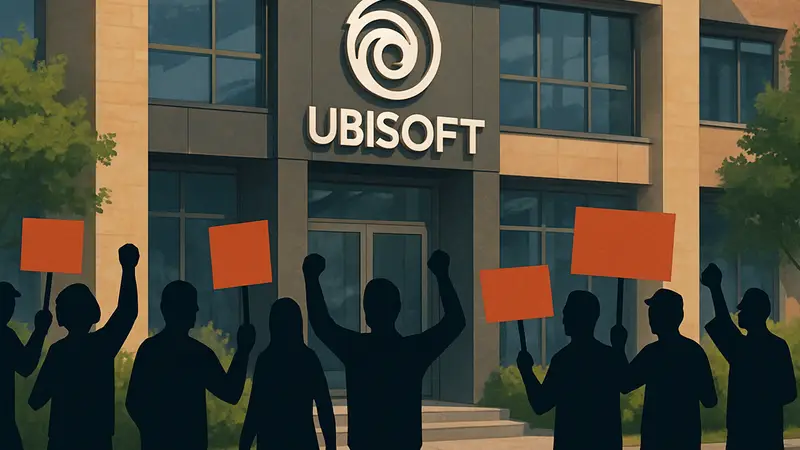 Здание студии Ubisoft Barcelona с силуэтами бастующих работников перед входом.