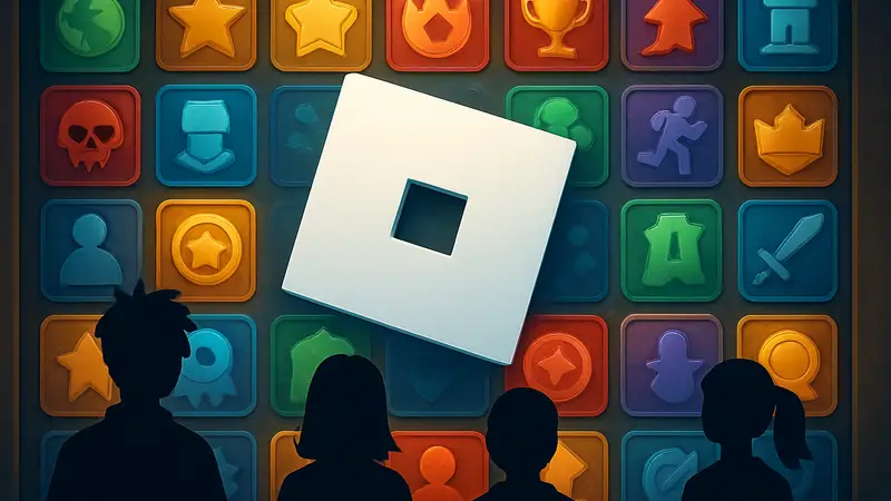 Логотип Roblox на фоне разноцветных значков, демонстрирующий изменения системы достижений в игре.