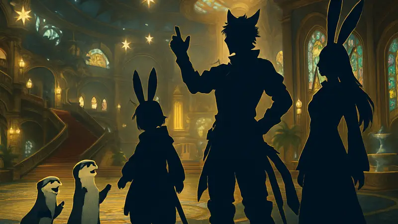 Иллюстрация персонажей Final Fantasy XIV вместе со Старшими выдрами в Золотом Блюдце.