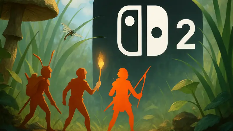 Маленькие человечки из Smalland: Survive the Wilds исследуют гигантский мир в траве на фоне логотипа Switch 2.