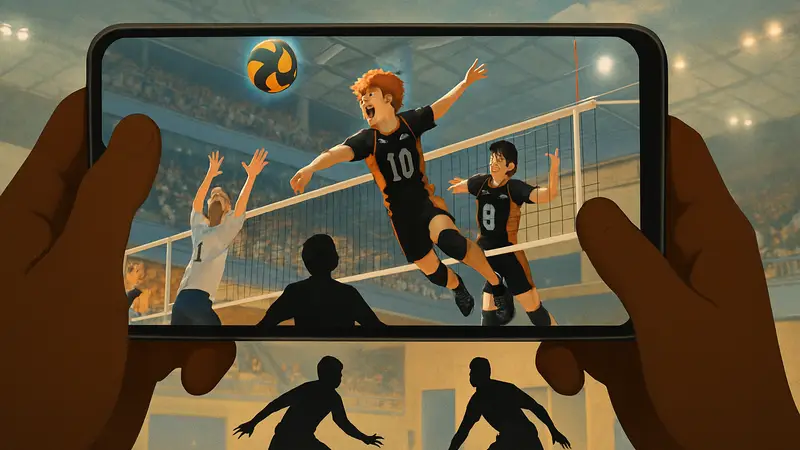 Персонажи из аниме Haikyu!! играют в волейбол на экране мобильного телефона, с надписью 'Touch The Dream'.