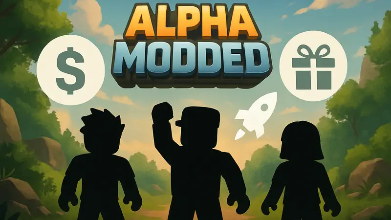 Логотип игры Alpha MODDED в Roblox с символами бесплатных наград и предметов.