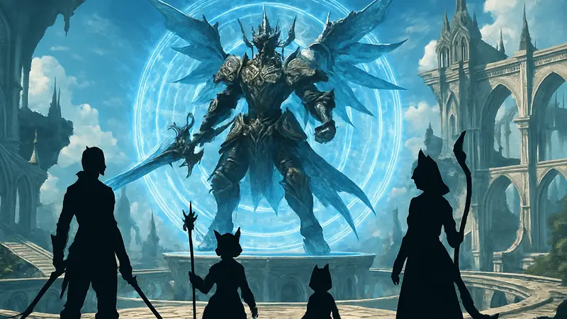 Скриншот из Final Fantasy 14 с элементами нового рейда и персонажами.