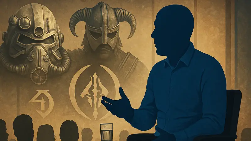 Пит Хайнс, бывший глава издательского отдела Bethesda, на конференции, обсуждающий уход из компании.