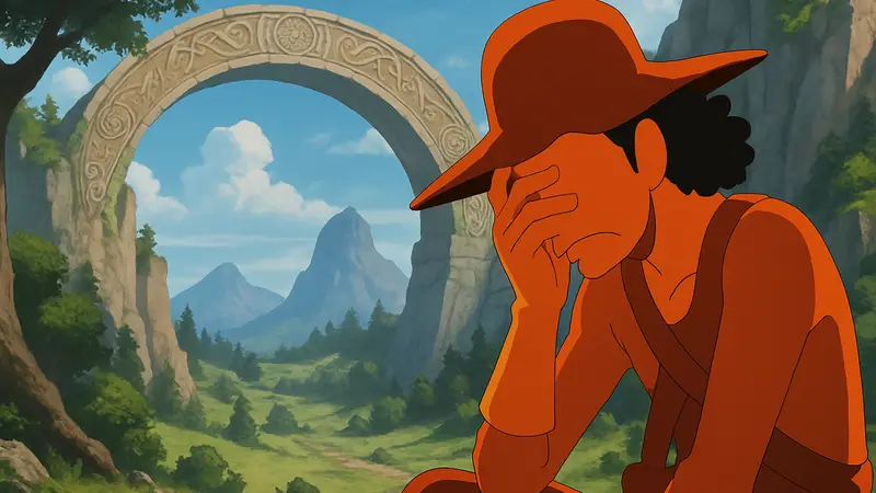 Персонаж Усопп из аниме One Piece на фоне арки Элбаф, демонстрирующий разочарование.