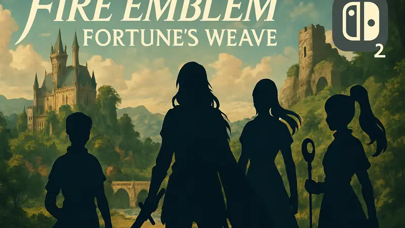 Обложка игры Fire Emblem: Fortune’s Weave с изображением ключевых персонажей в фэнтезийном стиле аниме, логотип Nintendo Switch 2.