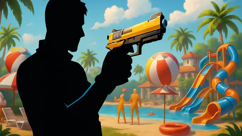 Игровой персонаж Fortnite держит пистолет Bank Shot, окружённый элементами обновления "Жаркое битное лето".