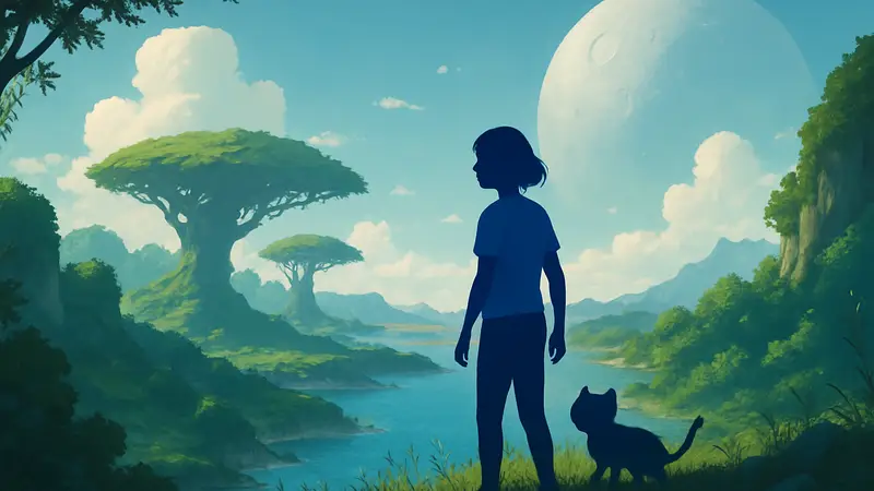Изображение главной героини Planet of Lana 2 с компаньоном на фоне живописного инопланетного пейзажа.