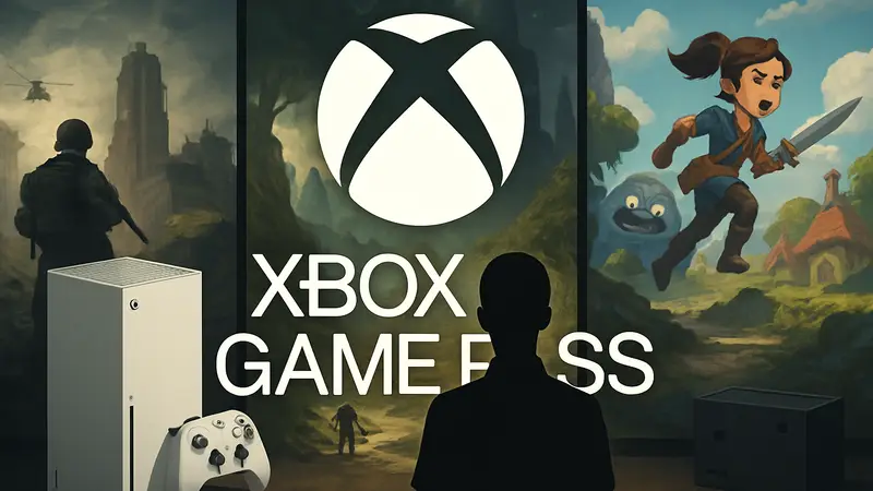 Логотип Xbox Game Pass на фоне консолей Xbox и игровых скриншотов