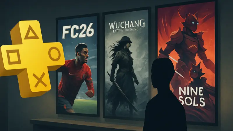 Логотип PS Plus и обложки бесплатных игр FC26, Wuchang: Fallen Feathers, Nine Sols за май 2026