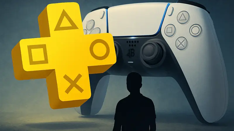 Логотип PlayStation Plus на фоне контроллера PlayStation 5, символизирующий улучшение сервиса