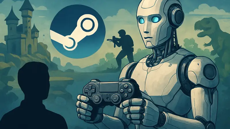 Искусственный интеллект в разработке игр Steam, робот держит геймпад, на фоне элементы игр