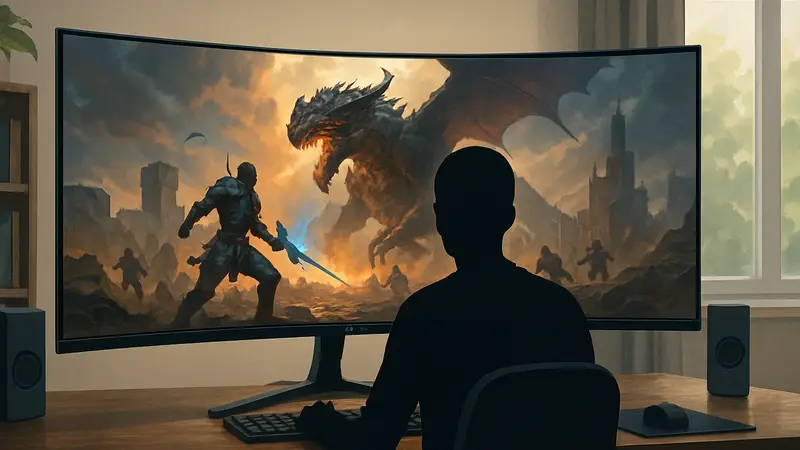 Изогнутый игровой монитор KTC H49S66 49 дюймов на столе, демонстрирующий яркую игру.