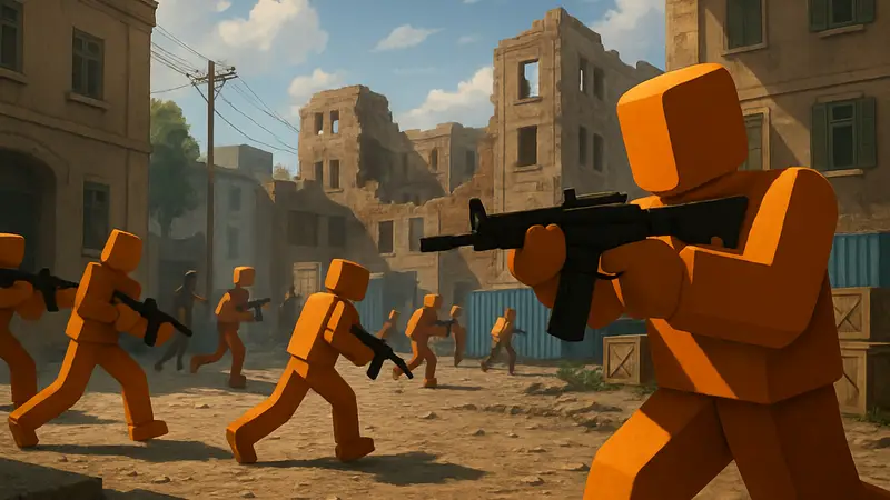 Игровой скриншот FPS шутера, много игроков, графика Roblox.