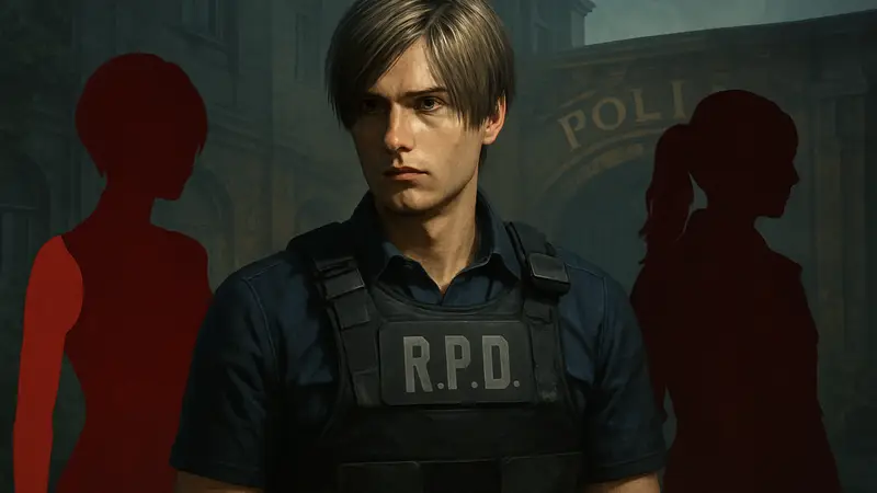 Леон Кеннеди из игры Resident Evil, на фоне Ады Вонг и Клэр Редфилд.