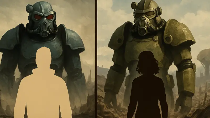 Сравнение старого невыпущенного постера фильма Fallout 1998 года и современного сериала Amazon Fallout, две версии одной вселенной.