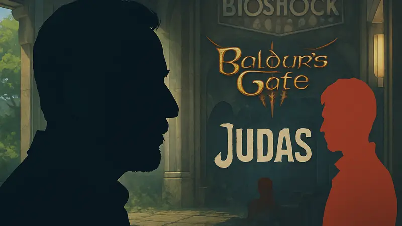 Кен Левин, создатель BioShock, и логотипы Baldur's Gate 3 и Judas.