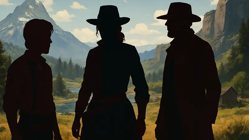 Возможные протагонисты Red Dead Redemption 3: Джек Марстон, Сэди Адлер и Хозия Мэттьюс на фоне пейзажей Дикого Запада.