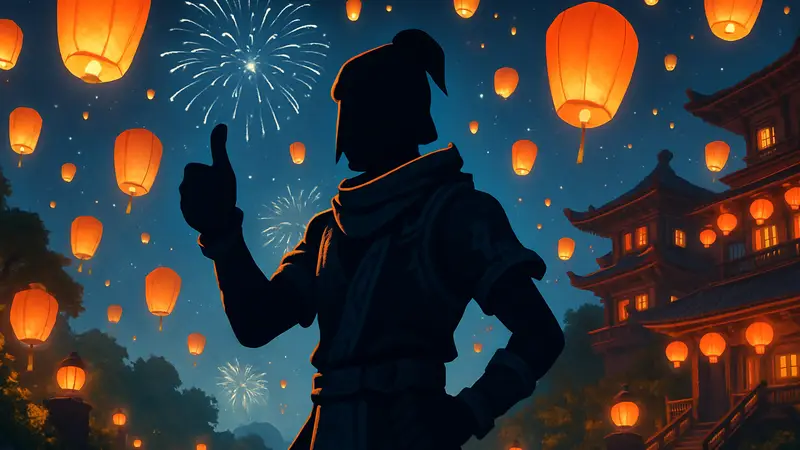 Персонаж Fortnite в праздничном наряде Lantern Fest с фонарями и фейерверками