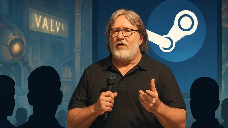 Гейб Ньюэлл, основатель Valve и глава Steam, выступает на публике, говоря о выборе геймеров