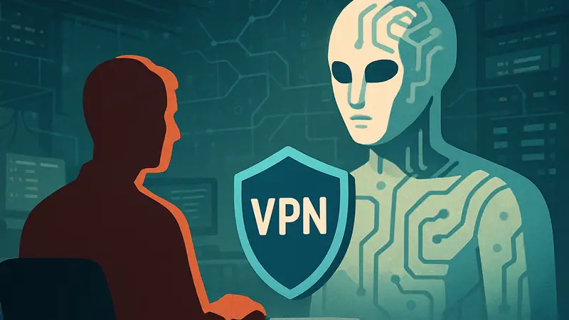 ИИ и VPN, символизирующие конфиденциальность данных и сетевую безопасность.