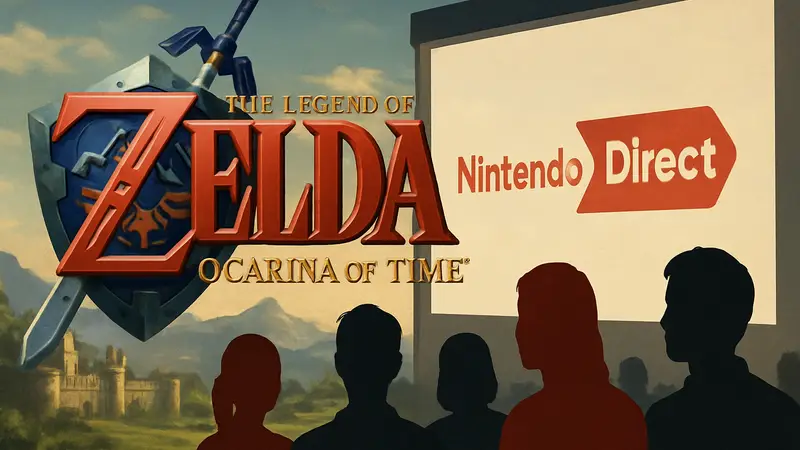 Логотип или арт ремейка The Legend of Zelda: Ocarina of Time на фоне Nintendo Direct.