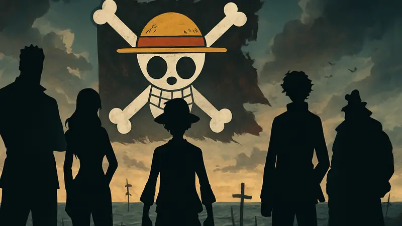 Луффи и другие ключевые персонажи One Piece на фоне символов финальной саги аниме.