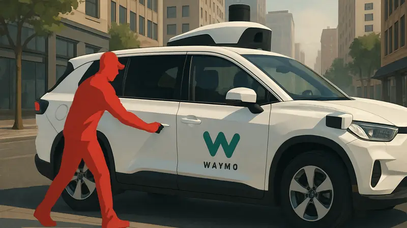 Водитель DoorDash закрывает дверь беспилотного автомобиля Waymo на улице города.