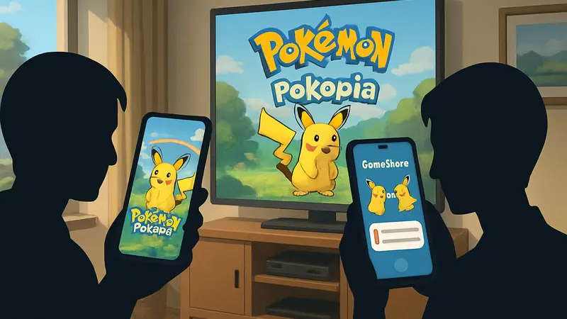Два игрока в Pokemon Pokopia используют функцию GameShare на своих устройствах, экран с ограничениями.