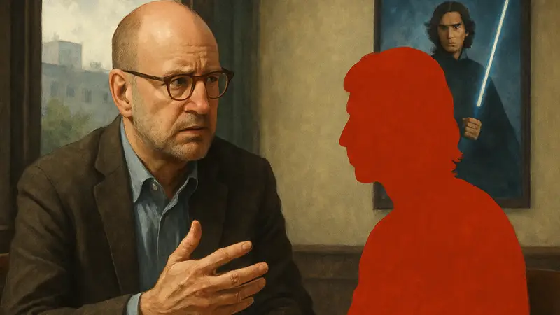 Портрет режиссера Стивена Содерберга, возможно, обсуждающего проект Бена Соло.