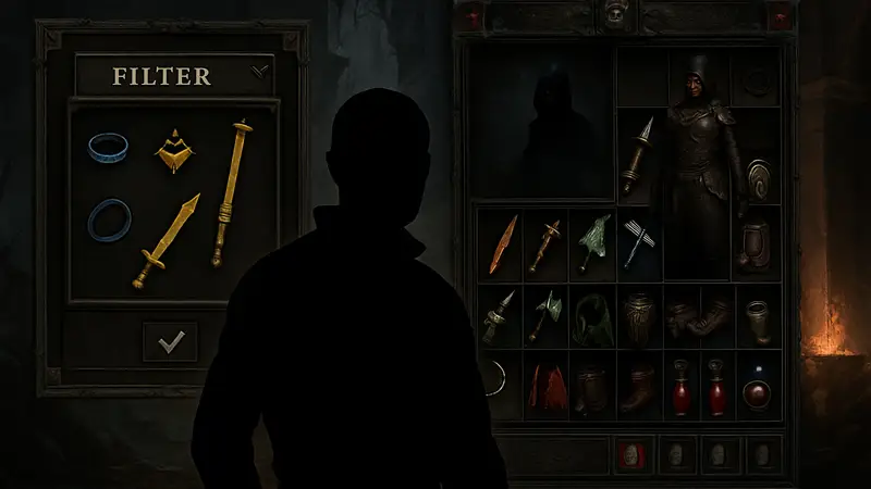 Фильтры лута в интерфейсе Diablo 4, показывающие отфильтрованные предметы и инвентарь игрока.