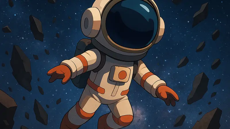 Изображение главного героя Mio: Memories in Orbit в космическом скафандре, парящего на фоне звёздного неба и обломков.