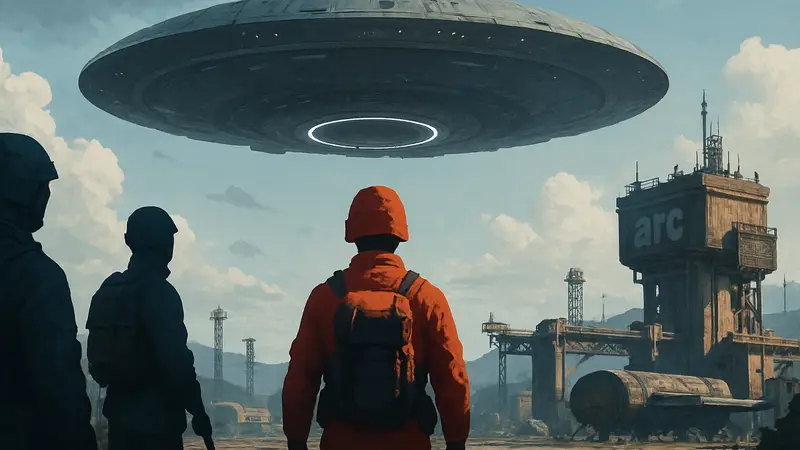 Гигантский неопознанный летающий объект (НЛО) парит над локацией Spaceport в игре Arc Raiders.