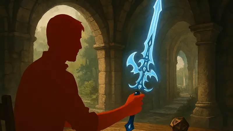 Игрок D&D держит уникальное авторское магическое оружие — Клинок Торикса.