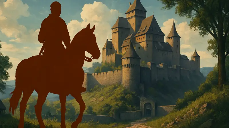 Генри верхом на лучшей лошади в Kingdom Come: Deliverance 2, на фоне средневекового замка