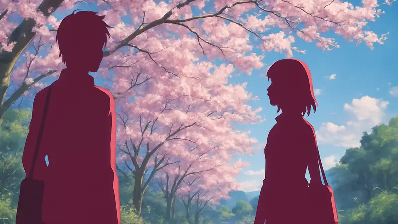 Кадр из аниме «5 сантиметров в секунду», главные герои на фоне цветения сакуры.