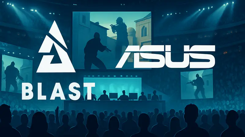 Логотипы BLAST и ASUS на фоне киберспортивного турнира по CS2