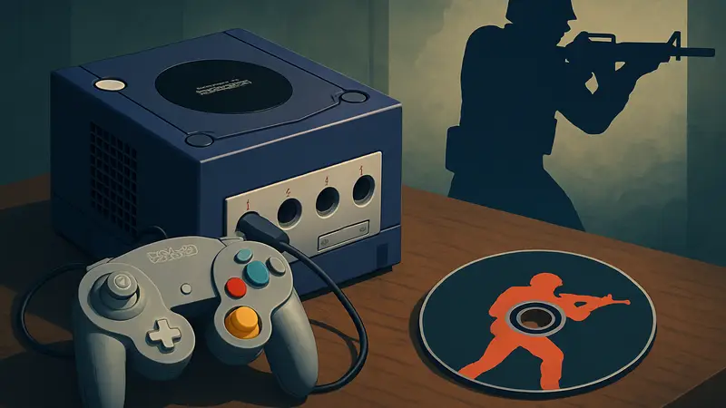 Консоль Nintendo GameCube с контроллером, рядом диск с игрой в жанре FPS.