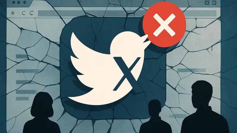 Логотип Twitter (X) с крестиком на фоне сломанного сайта.