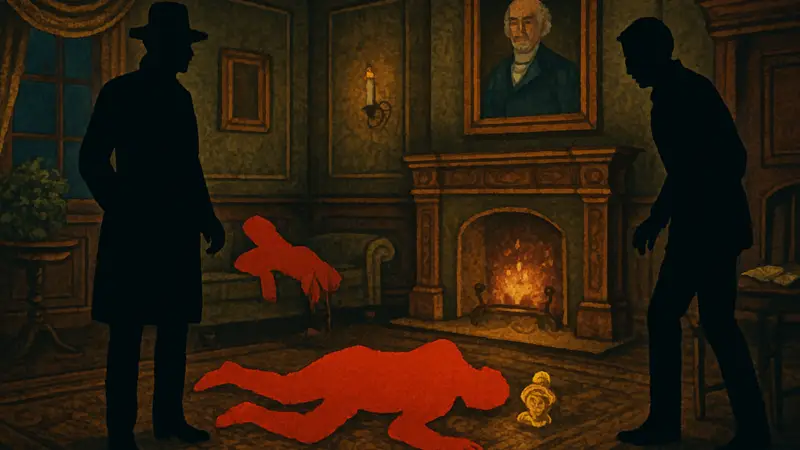 Стилизованный скриншот из игры The Case of the Golden Idol с таинственной сценой преступления.