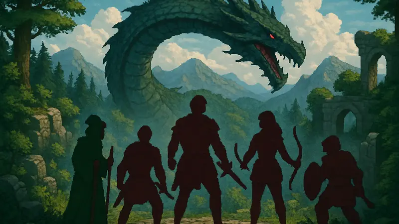 Обложка настольной карточной игры Wyrmhunt в стиле пиксельной JRPG с героями.