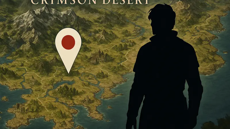 Карта мира Crimson Desert с маркером квестовой области или изображение персонажа Уоррена.