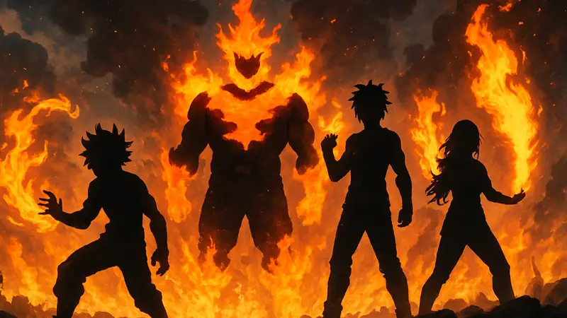 Изображение огненных причуд из My Hero Academia, демонстрирующее героев с пламенными способностями.